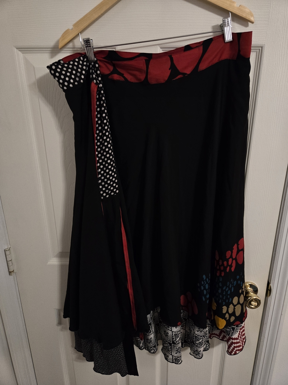 Reversible Black Wrap Skirt with Red Accent and Multicolor Hem